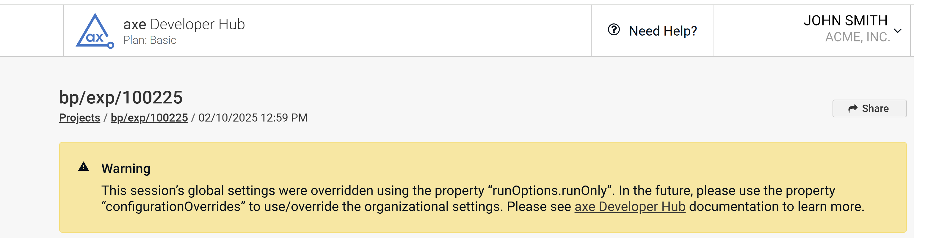 Screenshot showing a warning in axe Developer Hub from using runOptions.runOnly.