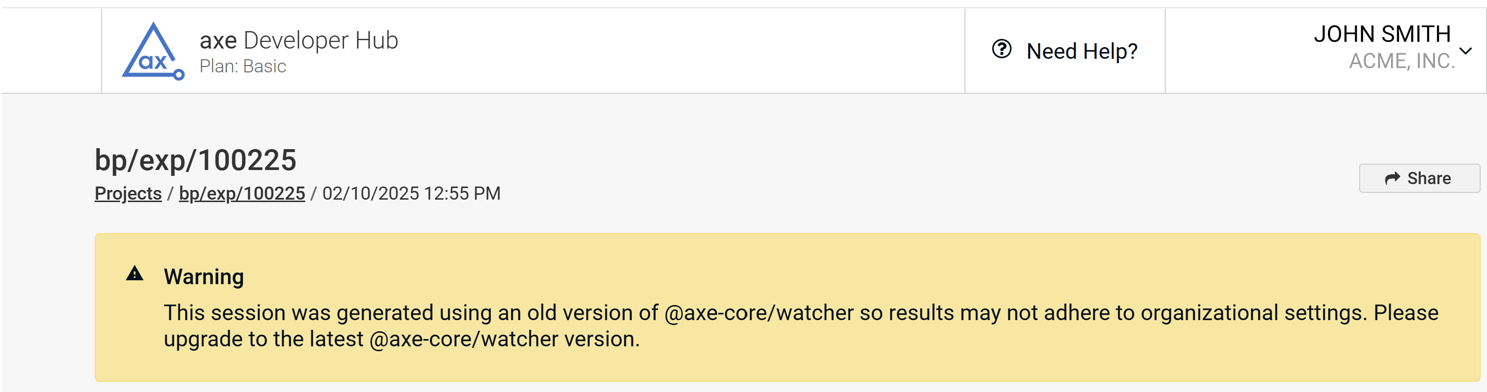 Screenshot showing message the occurs when the @axe-core/watcher package is too old to support global configurations
