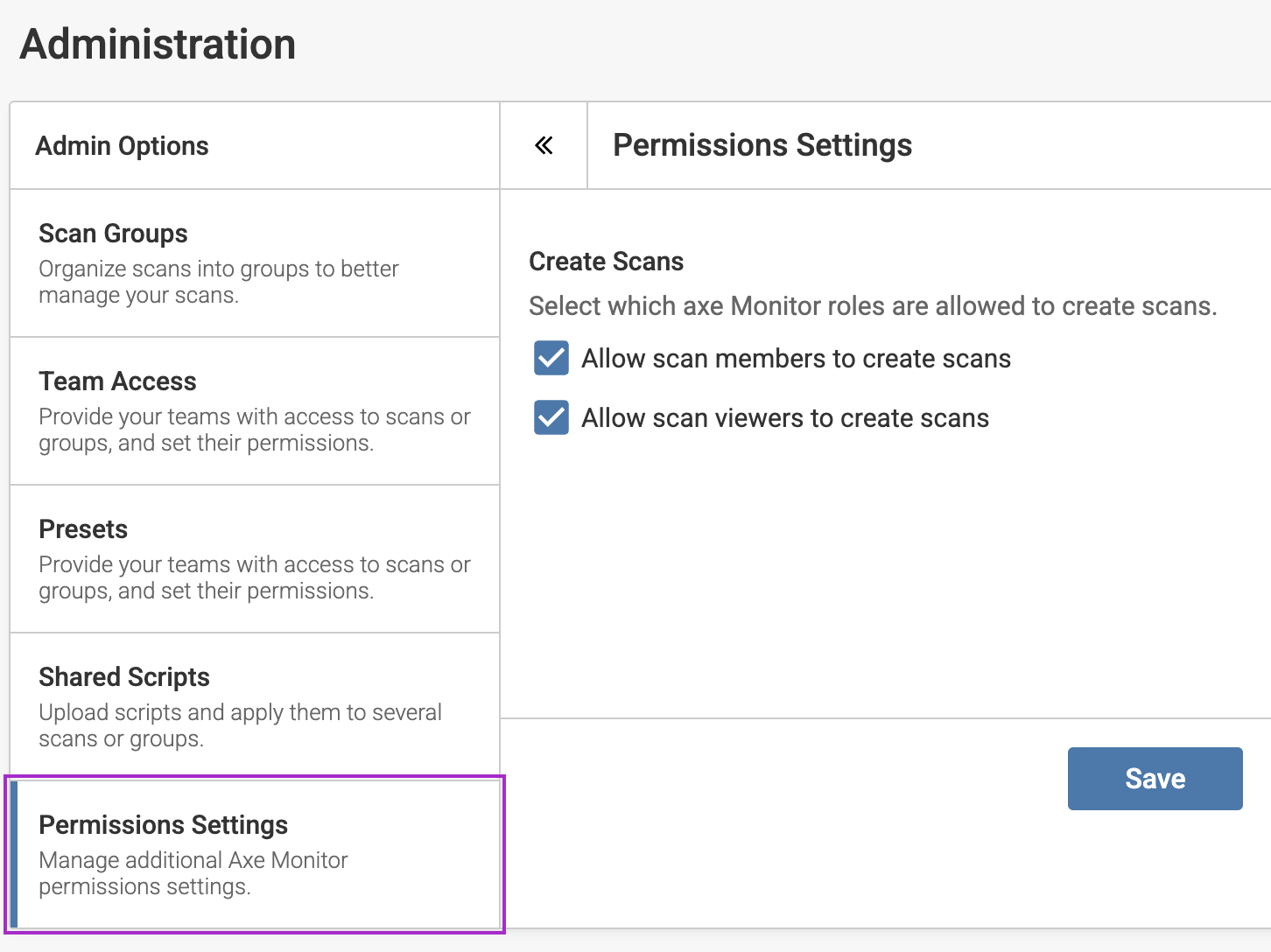 Administration area with Permissions Settings panel selected, and two checkboxes filled in, allowing scan members and scan viewers to create scans