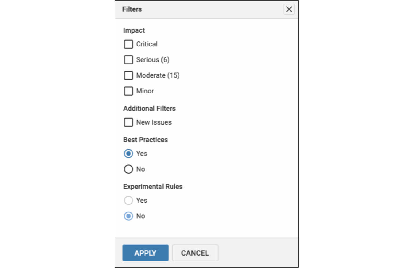 Filters dialog showing all of the available options for filtering issues.