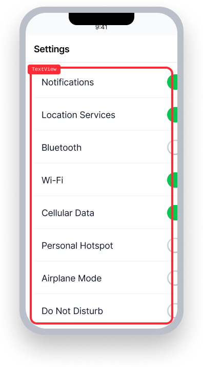 iOS phone screen mockup showing a settings screen with a list of toggle options inside a UIView container. Content has been resized and overflows the container.