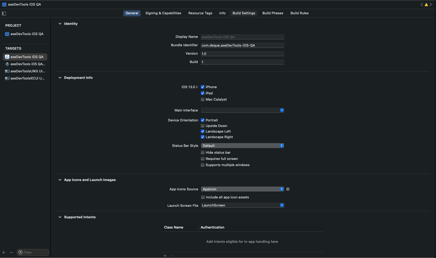 Screenshot of xCode where the `General` tab is selected for the application target, and the `Deployment Info` section and its `Device Orientation` options are displaying.