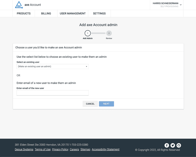 Add admin user webpage on the axe Account Portal