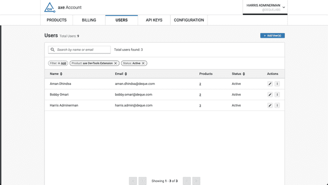 Screenshot of user management the axe Account Portal