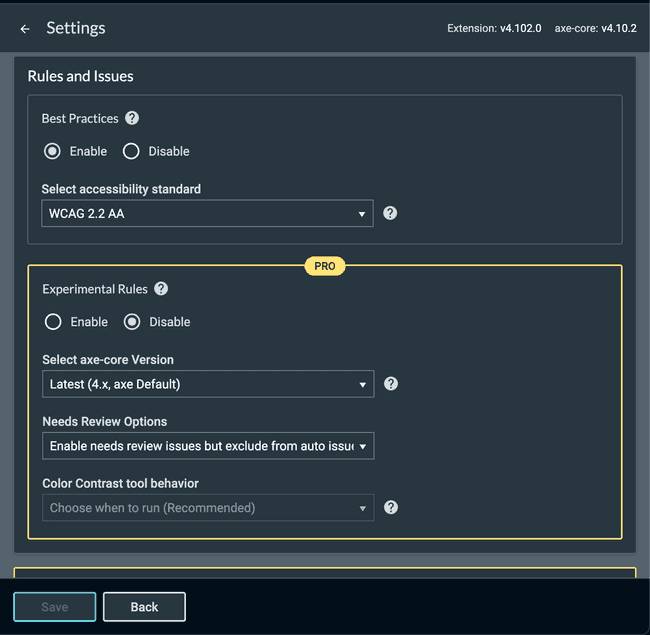 Screenshot of Rules and Issues settings in browser extension