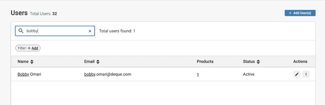 Admin in user management who searched for "bobby"