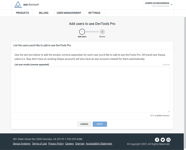 Webpage for adding users on the axe Account Portal