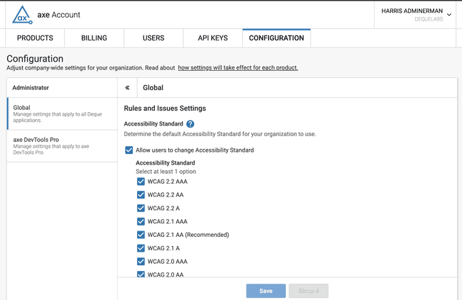 Screenshot of axe Configuration admin page with "Global" configuration selected