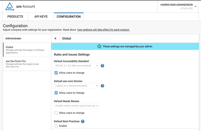 Screenshot of axe Configuration non-admin page with "These settings are managed by your admin" notification banner