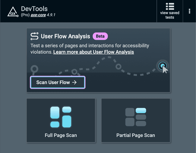 Screenshot of axe DevTools Extension start screen with "Scan User Flow" focused