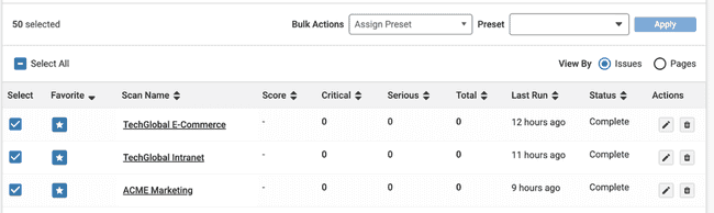 Scans page with filters toolbar. Select all filled checkbox. Rows for German E-commerce site, Franch e-commerce site. Bulk action dropdown with applu preset selected. Preset with empty dropdown.