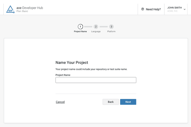 Screenshot showing the web page that allows you to name your axe Developer Hub project