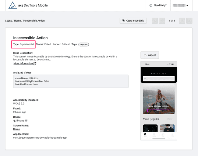Screenshot of the axe DevTools Mobile dashboard on the issue details page where it displays detailed information for the issue selected. The 'Type: Experimental' flag at the top of the page is highlighted.