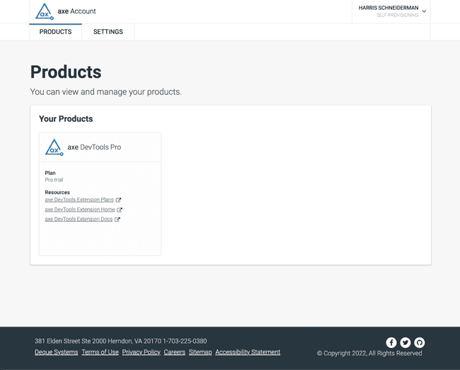 The axe Account Portal Products webpage