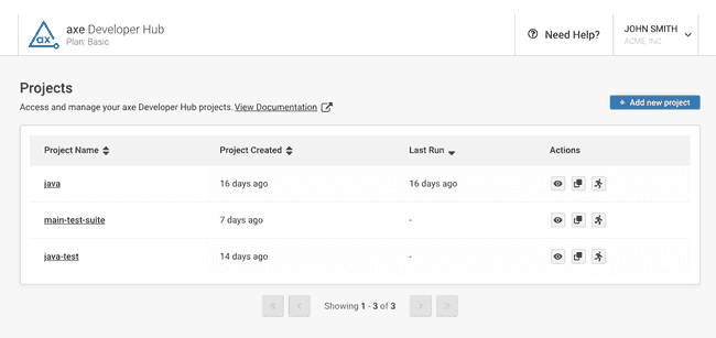 The Projects page in axe Developer Hub lists your axe Developer Hub projects.