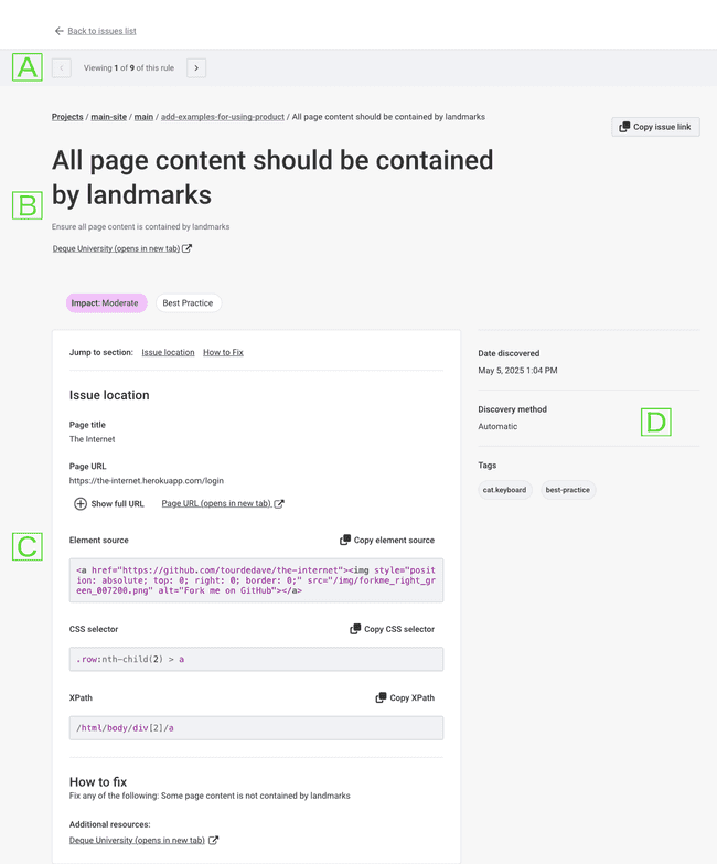 Image showing details of each rule violation. You can click through each result.