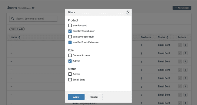 Admin in user management filtering by products