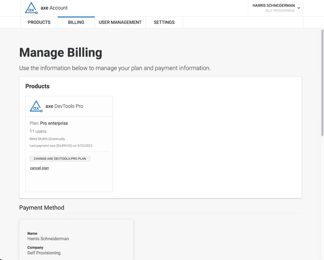 Webpage for managing your axe DevTools Extension subscription