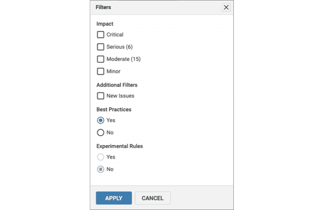 Filters dialog showing all of the available options for filtering issues.