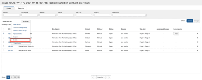 Delete option from Actions dropdown menu