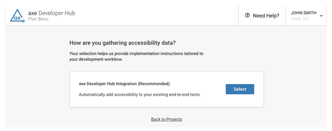 The page for selecting the method for gathering accessibility info in axe Developer Hub currently offers one option, the axe Developer Hub integration to collect information with your existing end-to-end tests.