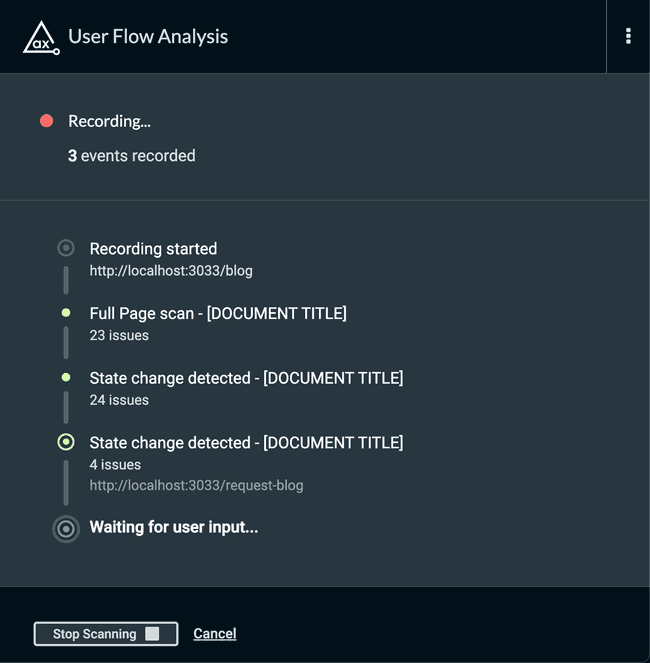 Screenshot of axe DevTools Extension recording a user flow analysis