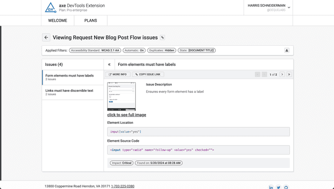 Screenshot of axe DevTools Extension User Flow Analysis report issues view