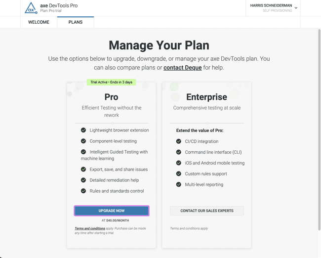 Webpage for managing your axe DevTools Extension Pro or Enterprise plan.