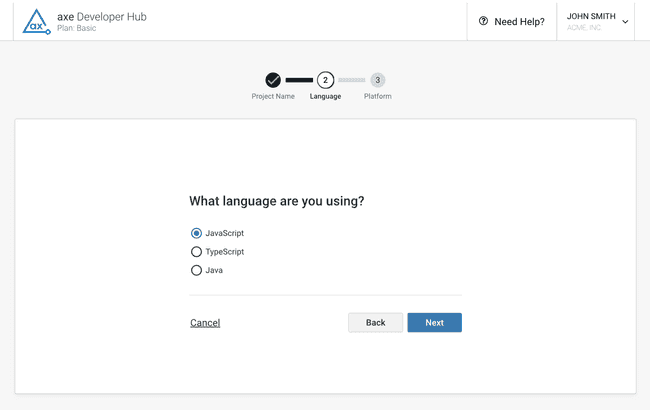 Shows the choices for language for a axe Developer Hub project: JavaScript, TypeScript, and Java.