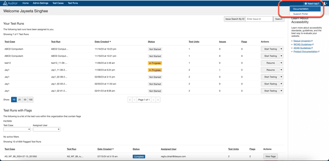 location of the Need help (?) button on the user's dashboard screen of axe Auditor
