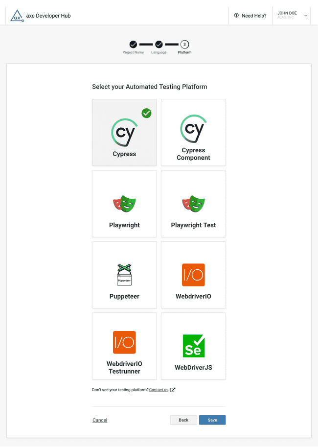 Shows the browser automation platforms offered when choosing JavaScript or TypeScript in the previous step.