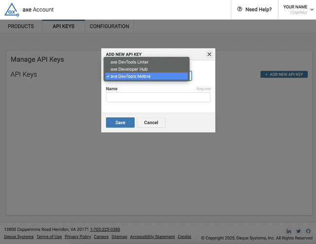 An ADD NEW API KEY modal, that shows the Product as “axe Mobile”