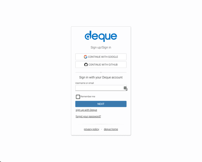 Sign-in or Sign-up webpage for Deque
