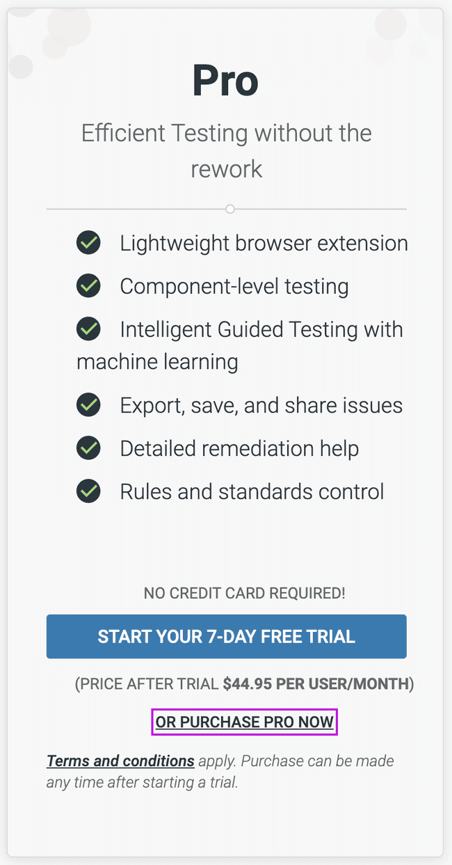 PURCHASE PRO NOW link within axe Account Portal.