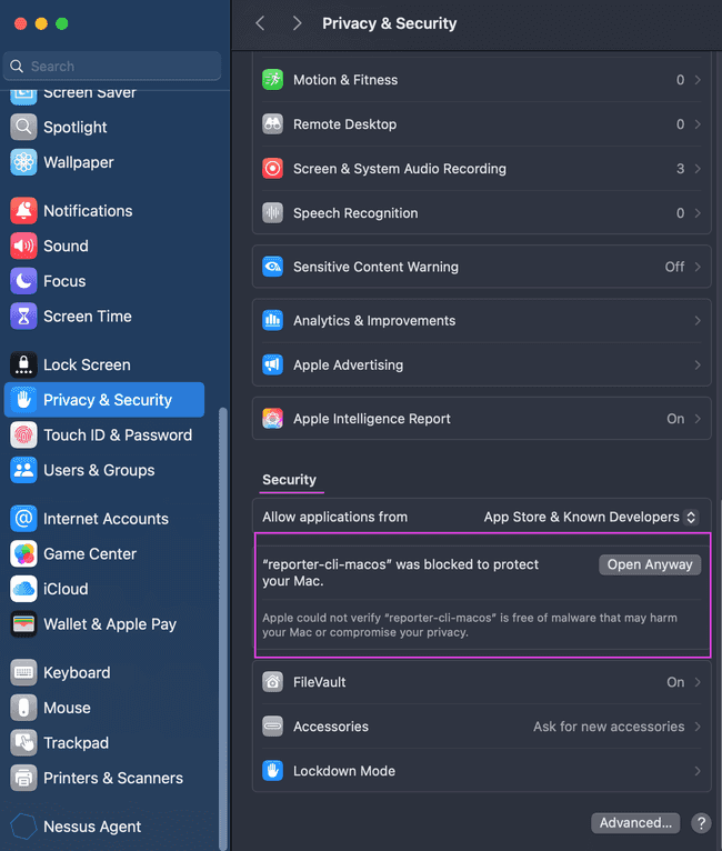 Screenshot of System Settings. Under Security, there is a message that says 'reporter-cli-macos' was blocked to protect your Mac and a button to the right with the text 'Open Anyway'