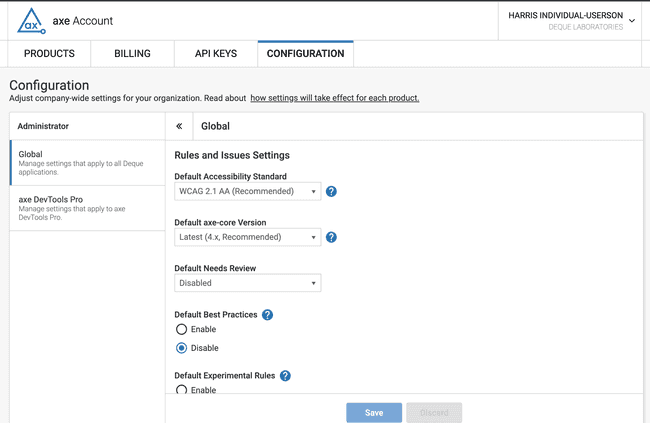 Screenshot of axe Configuration page for individual license holders with "Global" configuration selected