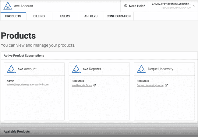 Products page in axe Account with header, navigation menu, and cards for active product subscriptions.