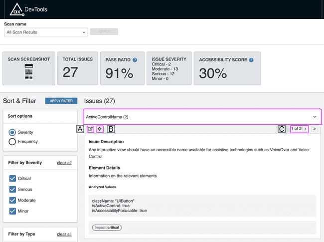 Screenshot of reports page with an accessibility issue expanded.